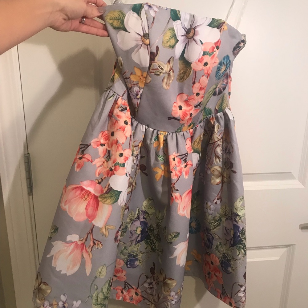 Gray Floral Strapless Dress